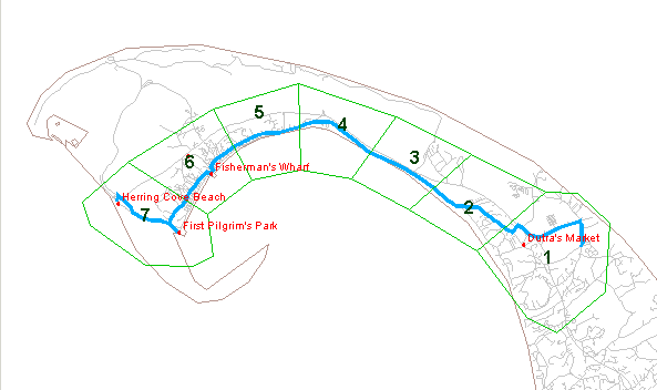 a map of Provincetown, with a bus route and zones layed on top